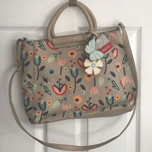 Relic Floral Crossbody Satchel in Beige with Teal, Coral & Navy Accents